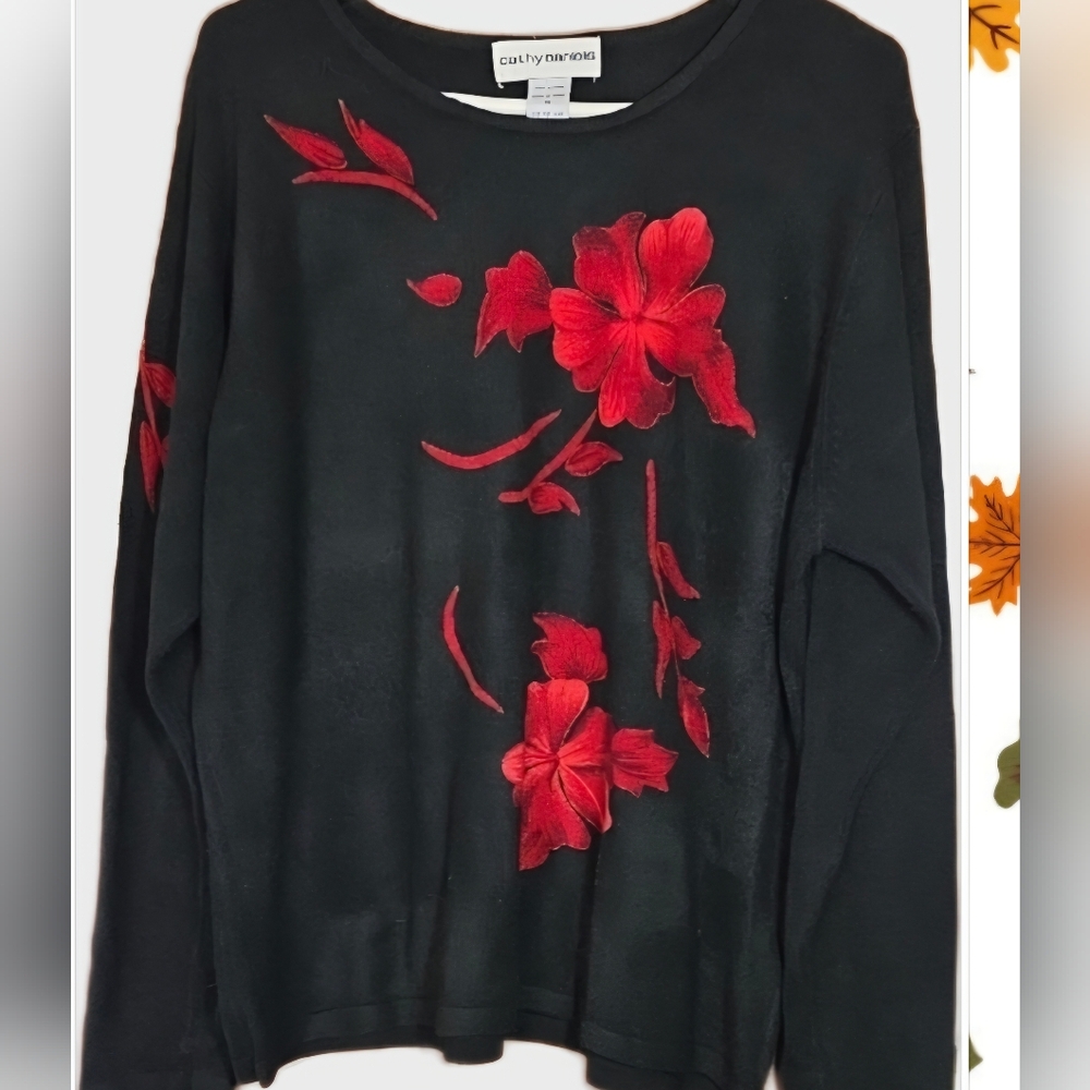 Cathy Daniels Black Sweater with Red Floral Design